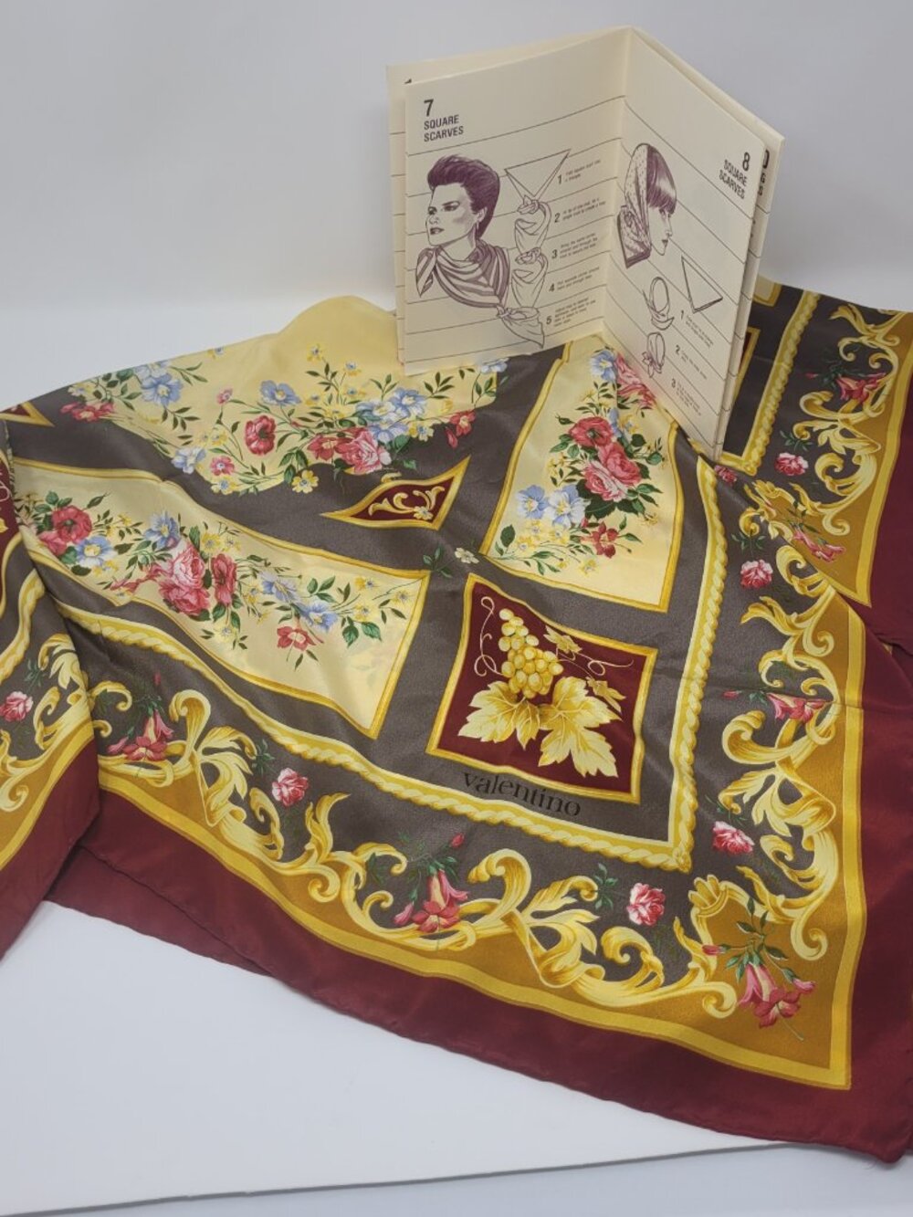 Valentino 100% Silk Square Scarf - Floral & Grapevine Crest Motif Made in Italy